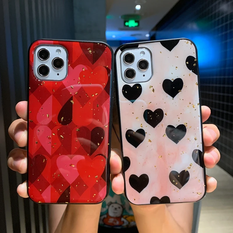 For iPhone 6 6s 7 8 Plus 11 Pro X XS XR Max Glitter Bling Gold Foil Love Heart Sparkle Sequins Soft Silicone TPU Case Cover Capa | Мобильные