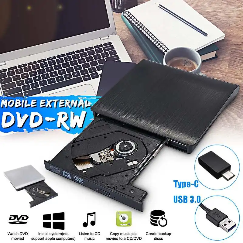 

External DVD RW CD Writer Drive Type-C USB 3.0 Optical Drives Slim Combo Drive Burner Reader Player For Laptop PC