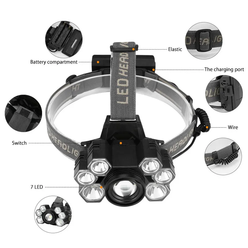 7LED USB Перезаряжаемый налобный фонарь, светильник-вспышка 18650, головной светильник, водонепроницаемый, 5 режимов, головной светильник для велоспорта, кемпинга, бега, рыбалки