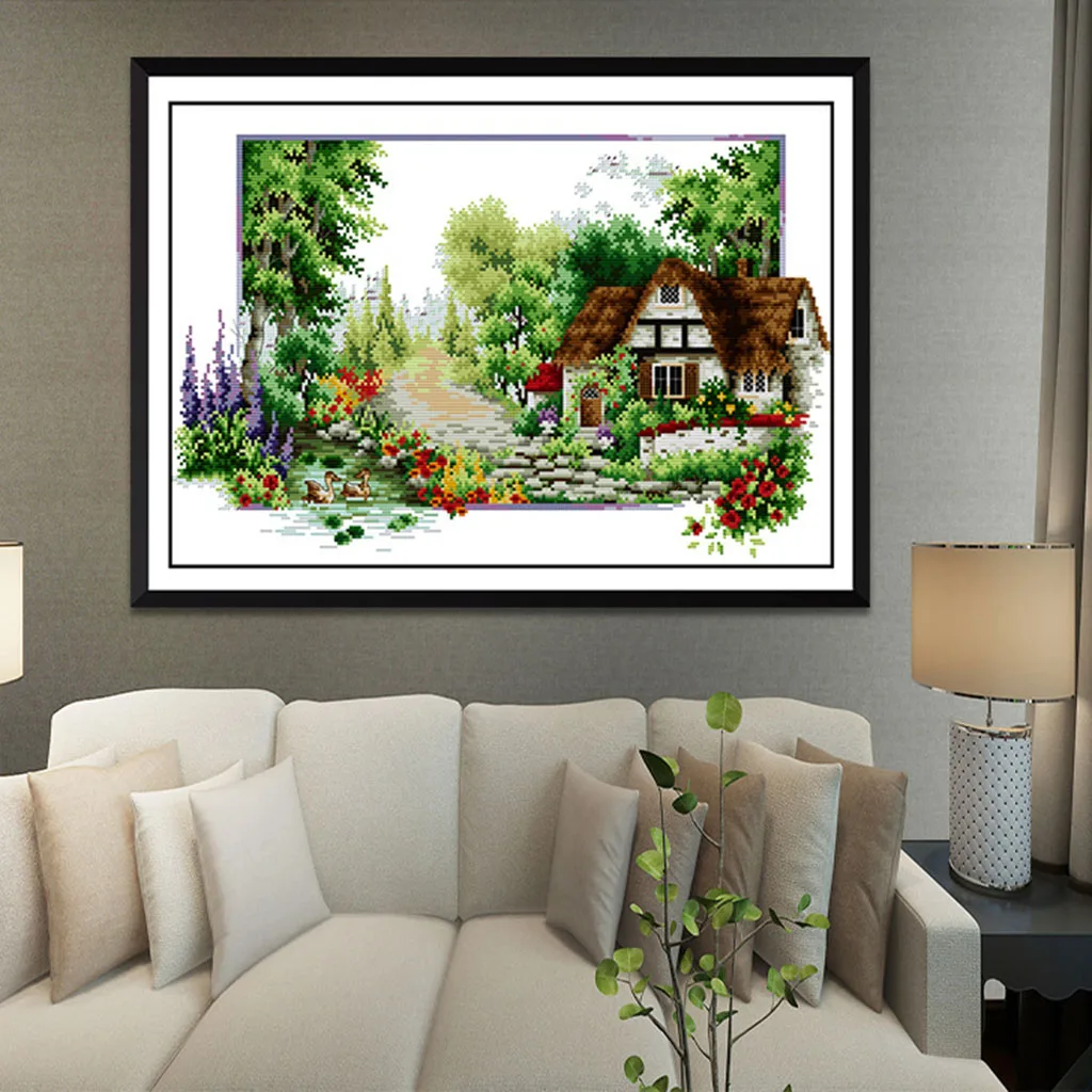 Full Range of Embroidery Starter Kits Stamped Cross Stitch Kits Beginners for DIY Embroidery (Garden House Pattern Designs)