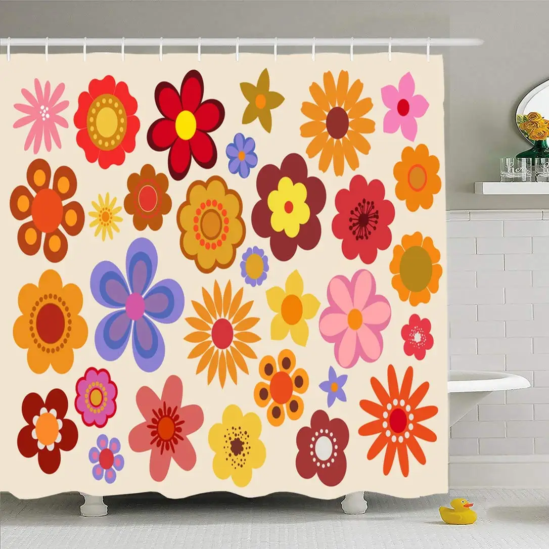 

Shower Curtain Set with Hooks 60x72 Blossom Retro Posy Ornament Revival Vintage Flowers Colors 60S70s Signs Symbols Decoration
