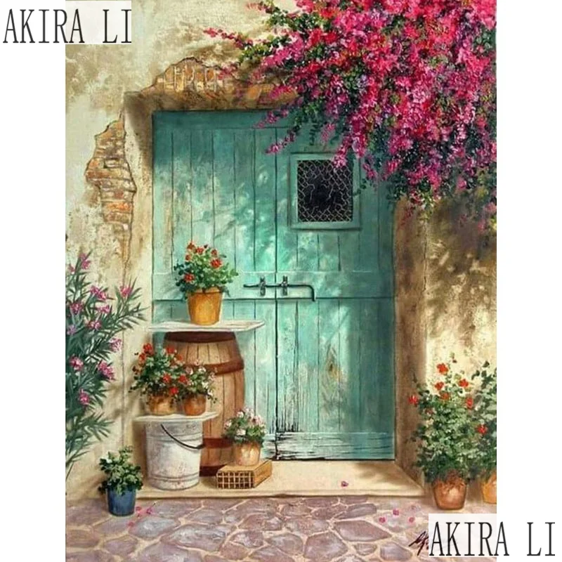 5D DIY Diamond embroidery Cross stitch Blue door and flowers Full Square Round mosaic картина D5|Алмазная мозаика| |