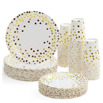 

180 Pcs Disposable Tableware for Party Use with Golden Dots Disc Plate Drink Cup Dinner Plate Dinner Plate Dessert Plate