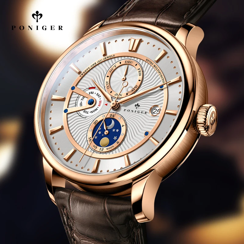PONIGER Luxury Men's Automatic Mechanical Watch Sapphire Glass