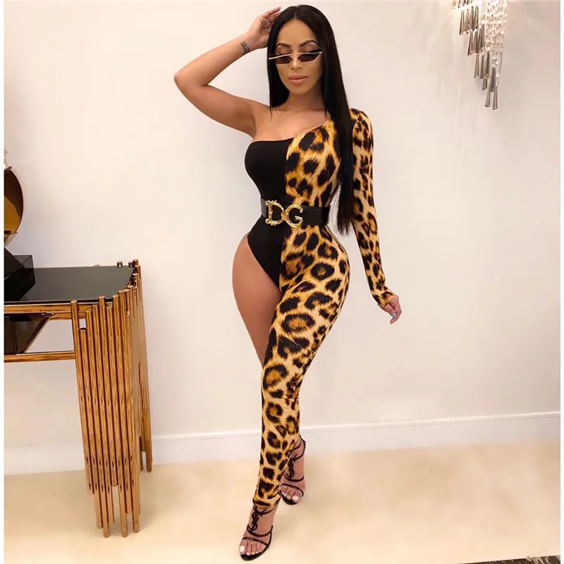 Adogirl Leopard Print Patchwork Women One Leg Jumpsuit Sexy One Shoulder Long Sleeve Skinny Romper Night Club Overalls Bodysuits Adogirl Leopard Print Patchwork Women One Leg Jumpsuit Sexy One Shoulder Long Sleeve Skinny Romper Night Club Overalls Bodysuits