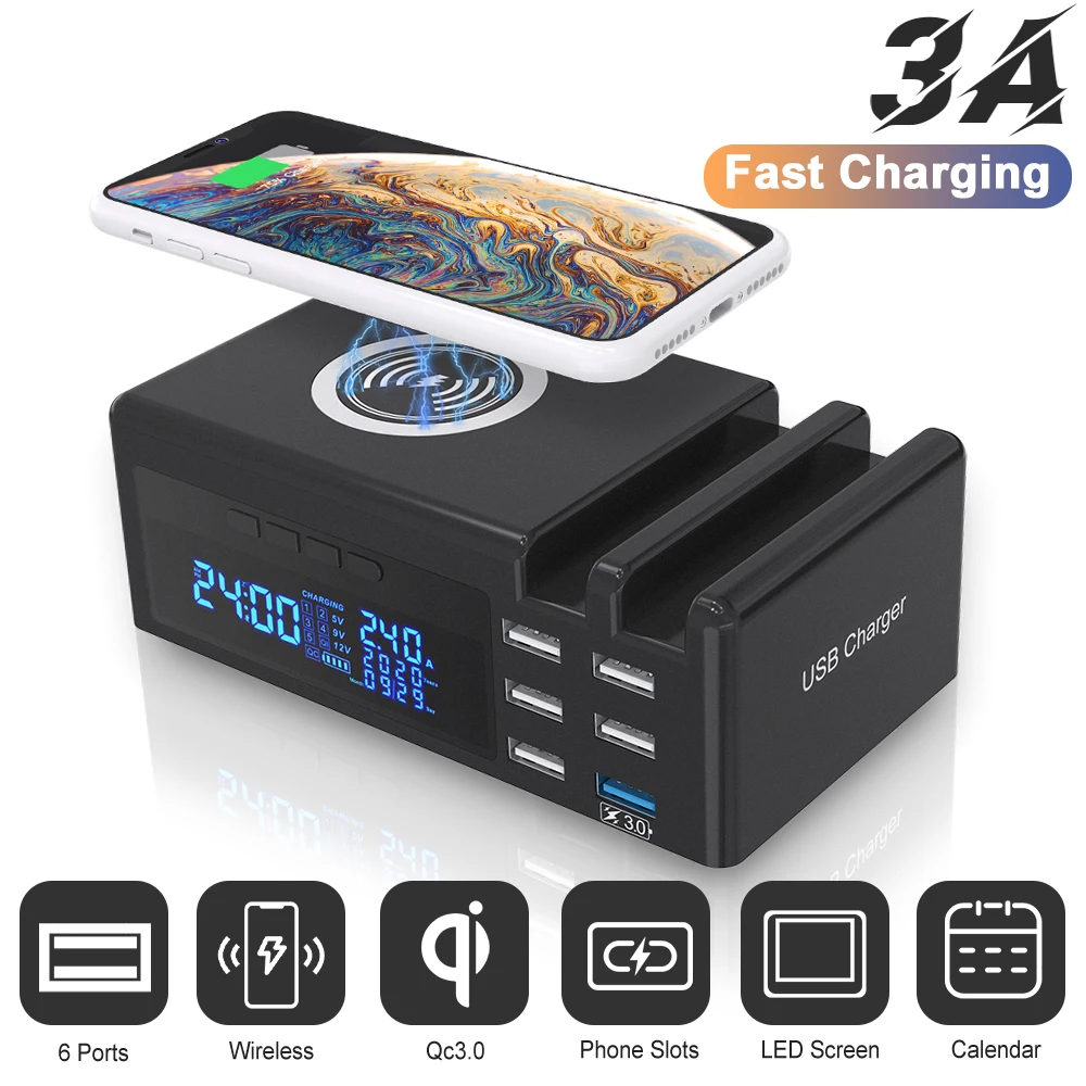 US $35.00 Wireless USB Charger Station With Clock For Iphone Android Mobile Phone Tablet 48W Quick Charge 30 LCD Display 6 USB Ports