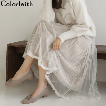 

Colorfaith 2019 Fall Spring Women Casual Elegant Mid-Calf Skirt Pleated Ball Gown Tulle High Waist Velvet and Mesh Female SK9106