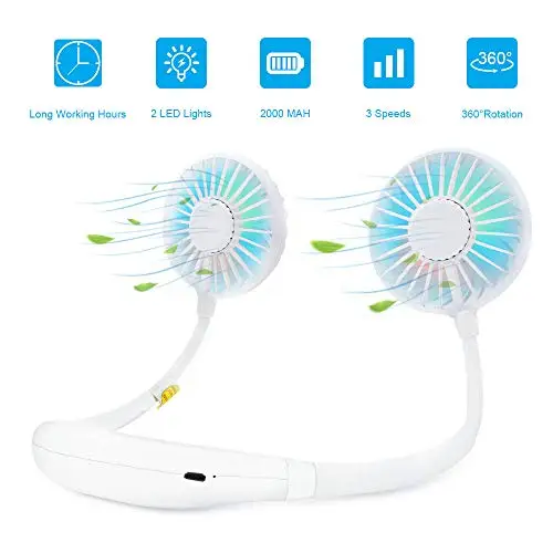 

Portable Neck USB Fans Battery Rechargeable with Colorful LED Light with 3 Speed Hand Free Fan Home Office Travel Sport Outdoor
