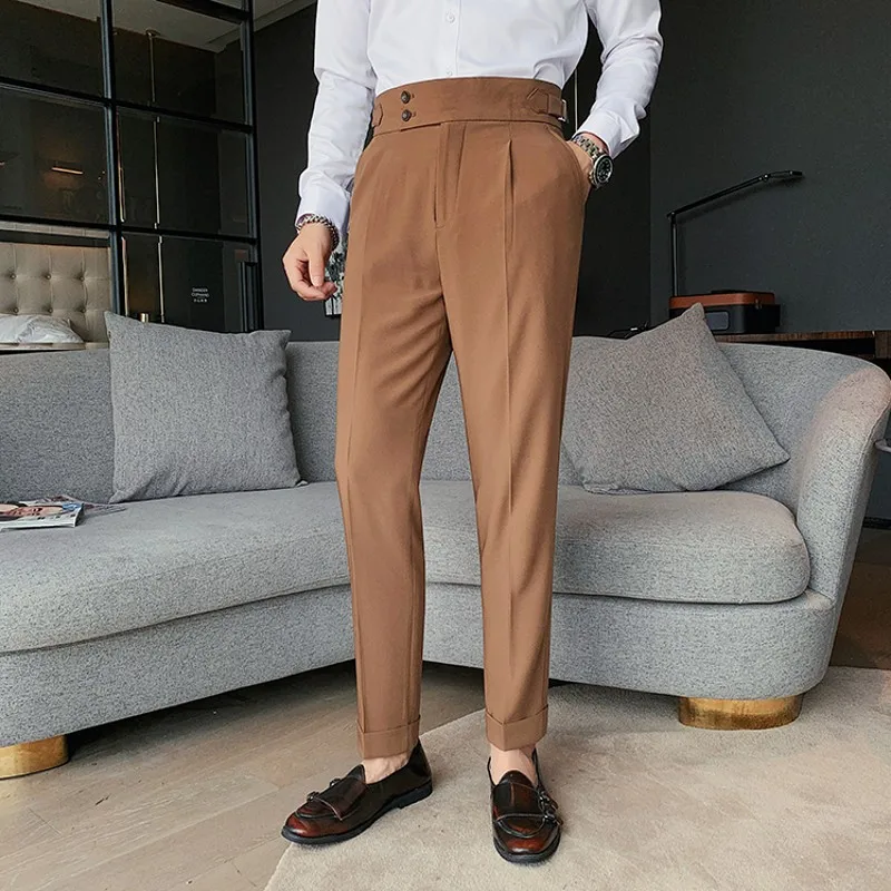 Men Trousers High Waist England Business Casual Work Suit