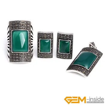 

Jewelry Set Gifts For Women Vintage Antiqued Tibetan Silver Jewelry Earring Pendant Ring For Party Natural Shell Green Agates