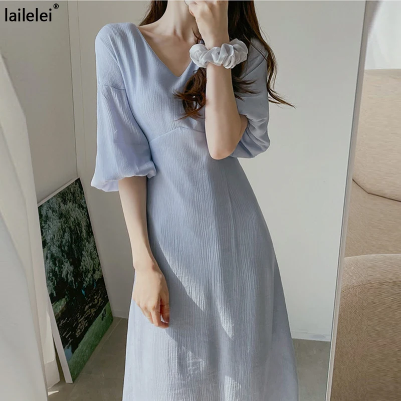 

V-Neck A-Line Chiffon Midi Dress White Maxi Dresses For Women Vestidos Mujer Verano 2021 Beach Elegant Vintage South Korea Jurk