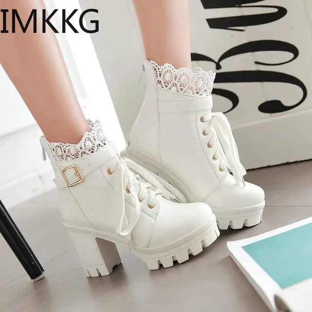 Women’s Motorcycle Boots Leather Winter ladies Boot 2019 Stylish Lady Lace Ankle Shoes High Heel Platforms Sexy Botas Buckle 4