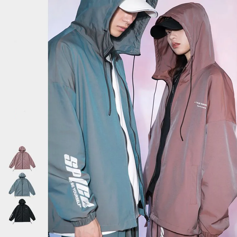 

Mens Cotton Polyester Letter Printed Light-reflecting Jacket 2020 Autumn Harajuku Loose Hooded Jackets Black Casual Hip Hop Coat