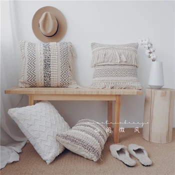 

Beige Morocco handmade Knitting woven pillow cushion cover Nordic boho Bohemia tassels Lumbar throw pillow cover 30X50cm