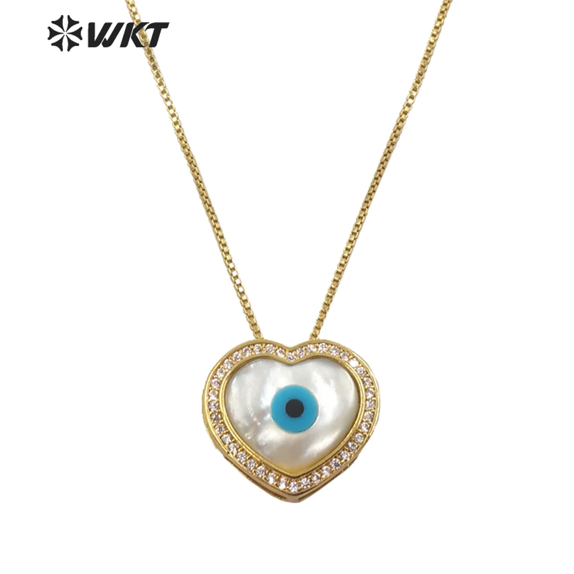 

WT-MN973 WKT newest design women charming micropave setting bezel natural shell eye heart pendant necklace gold eye necklace