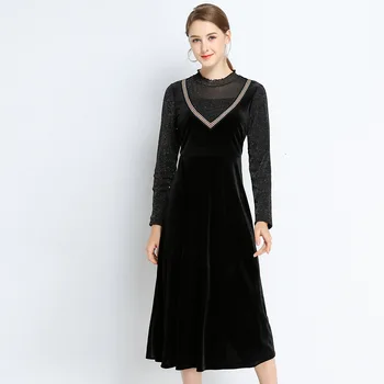 

Plus Size Fashion Autumn Women Round Neck Full Sleeve Temperament Dress Ladies Elegant See-through Black Dress 2020 Robe Femme