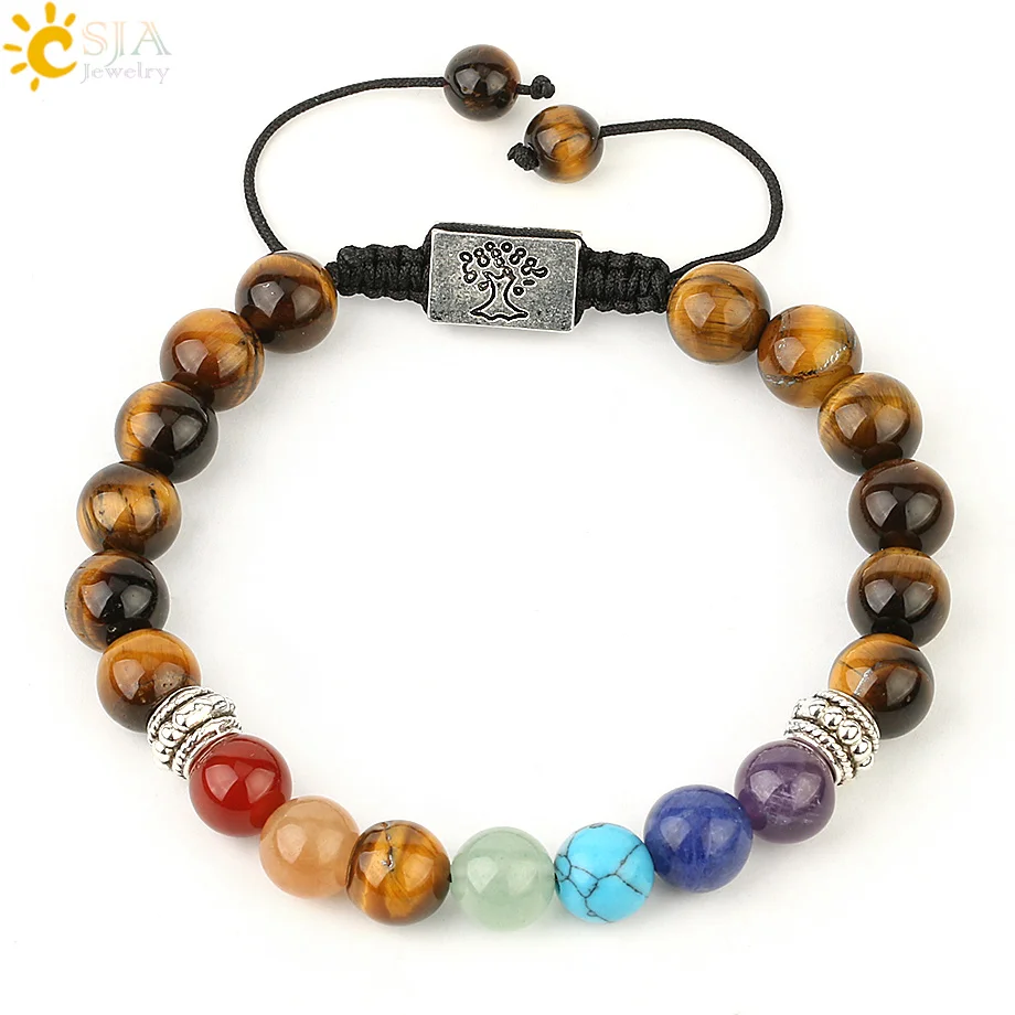 Tiger Eye Csja Yoga 7 Чакра натуральные камни браслеты с подвесками резные Дерево жизни многоцветные Плетеный веревочный браслет для женщин G204 - Окраска металла: Tiger Eye