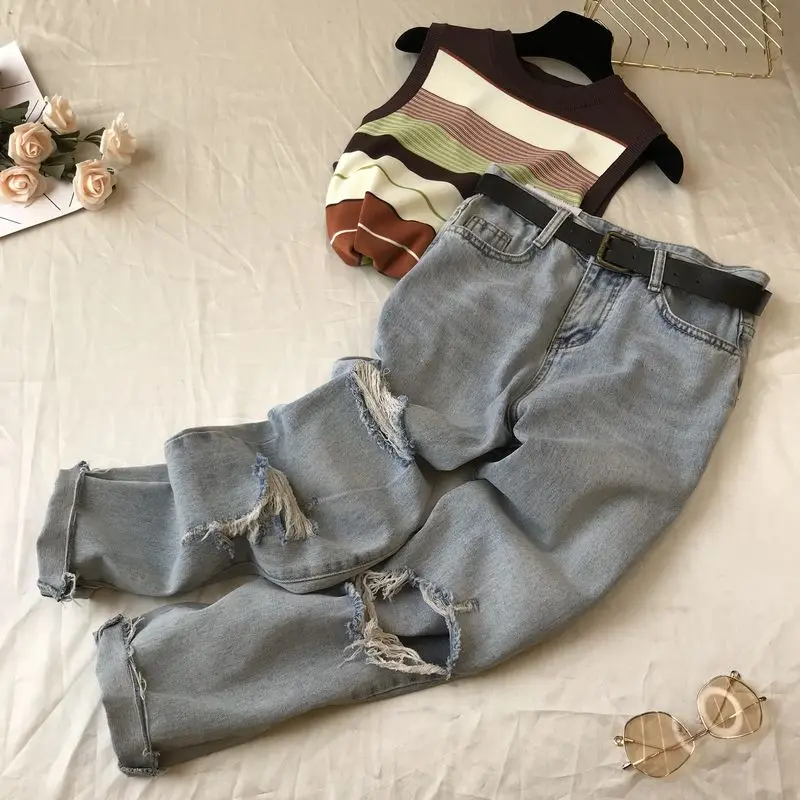 

Holes Jeans Women Loose-Fit High Waist Show Slim Harem Denim Pants Girls Students Streetwear Jean Pants Light Blue Jeans