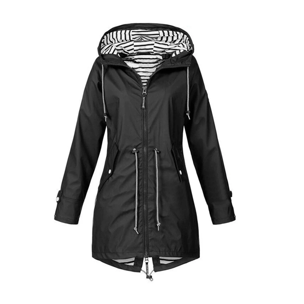 

Camping Outdoor Hooded Windproof Sport Women Hiking Jacket Winter Waterproof Autumn Drawstring Zipper Soft Solid Color Casual