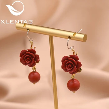 

XlentAg Natural Red Coral Flower Beautiful Dangle Earrings For Women Red Agate Drop Earring 925 Sterling Silver Jewellery GE0417