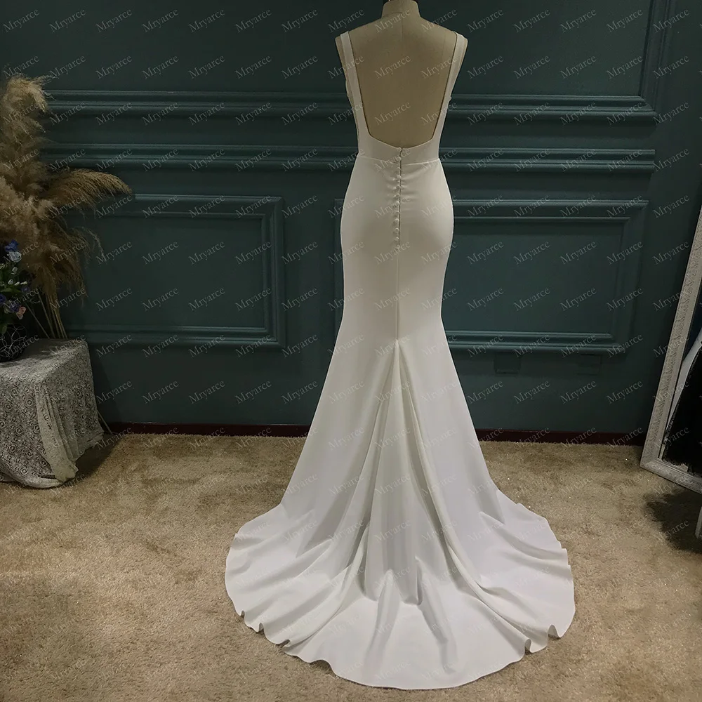 Mryarce Simple Stretch Matte Classic Satin Bateau Crepe Mermaid Wedding Dress  Open Back Bridal Gowns 5