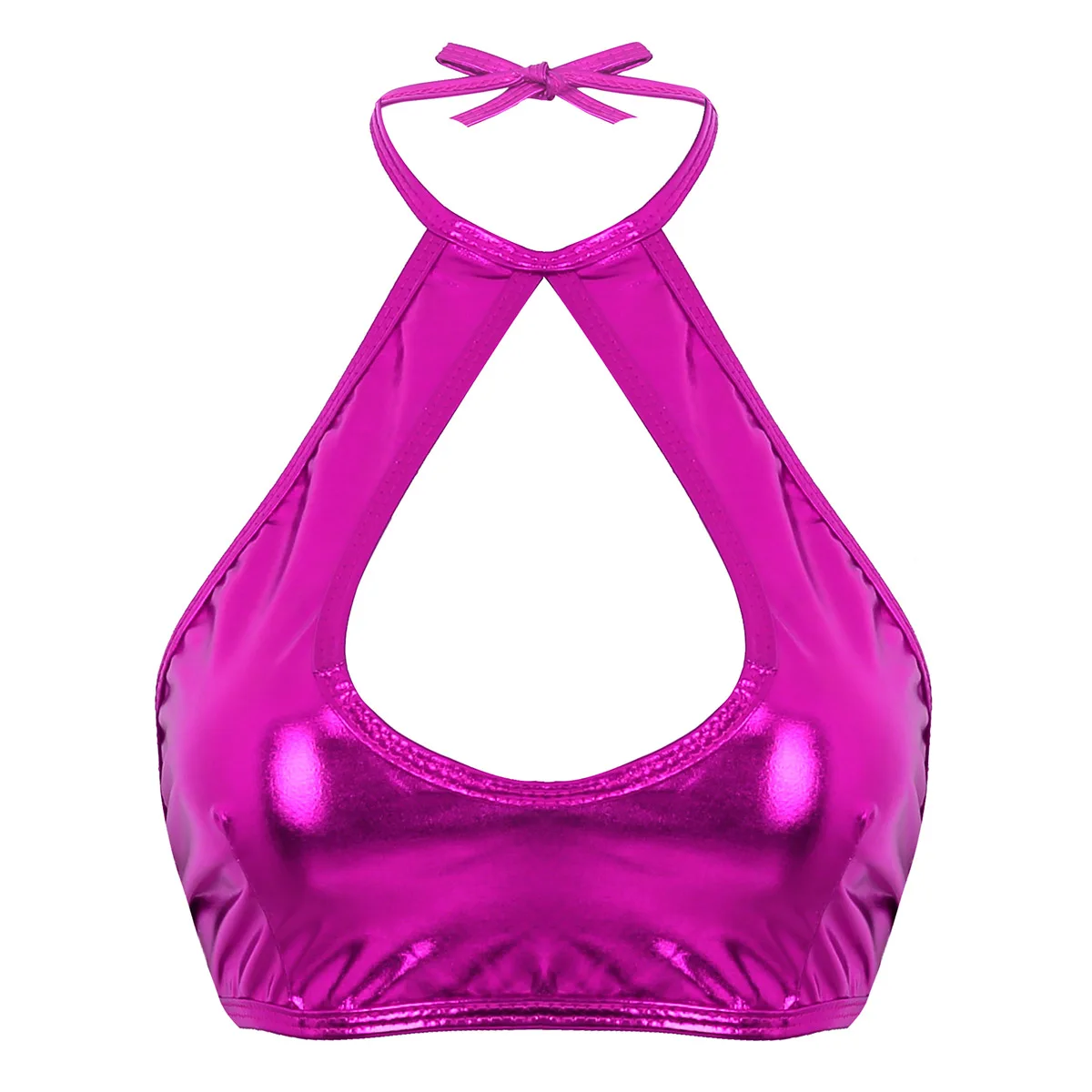 Crop Top Metallico Halter Con Buco Della Serratura, Lucido, Reggiseno Per Danza, Rave E Festival, Argento, Taglia S