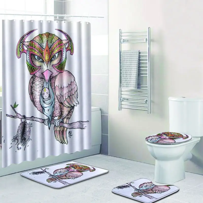 

4pcs/set Creative Colorful Owl 3D Print Waterproof Shower Curtain Modern Anti-slip Bath Mat Toilet Seat Cover Bathroom Decor