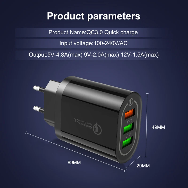 OneVan быстрое зарядное устройство QC3.0 зарядное устройство для мобильного телефона USB адаптер Универсальный 3 порта USB 2.4A EU/US зарядное устройство для зарядки iPhone Xiaomi