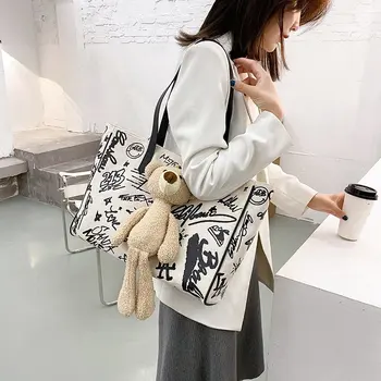 

2020 New Arrival Women Bag Korea Basic Easy Matching Print Canvas Bag Ultra Large Capacity Shoulder Bag Popular Bear Handbag