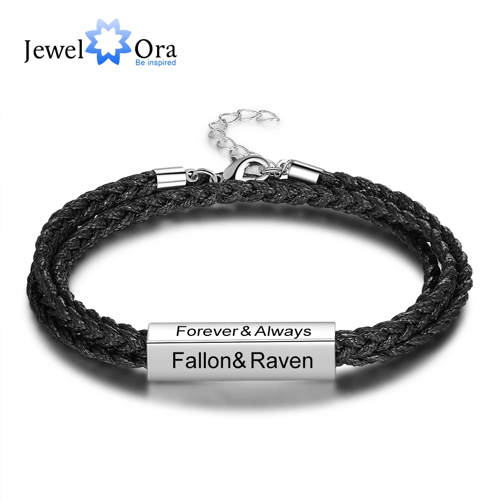 

JewelOra Personalized Stainless Steel Men Bracelets Custom Engrave Names Multilayer Braided Rope Bracelets for Men Father Gifts