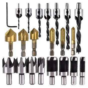 

Woodworking Drilling Or Chamfer Tool,8Pc wood Plug Cutter,6Pcs 1/4 Inch Hex Shank 5 Flute 90 Degree Countersink Drill Bits,7Pcs