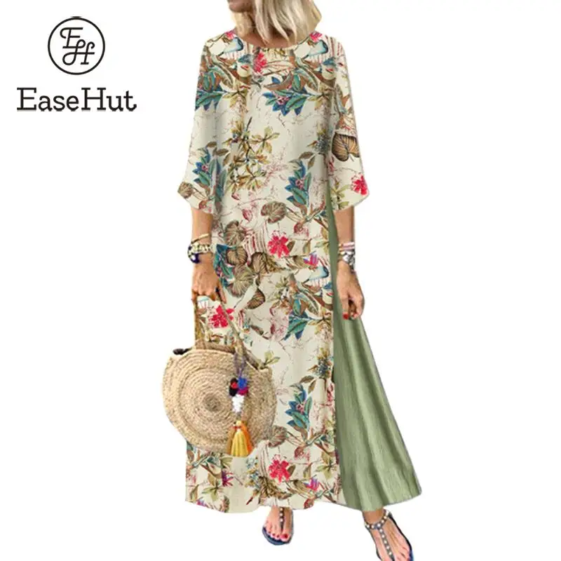 EaseHut винтажное платье с цветочным рисунком для женщин весна лето печатное лоскутное хлопковое льняное платье Mori Girl Ретро макси длинные платья