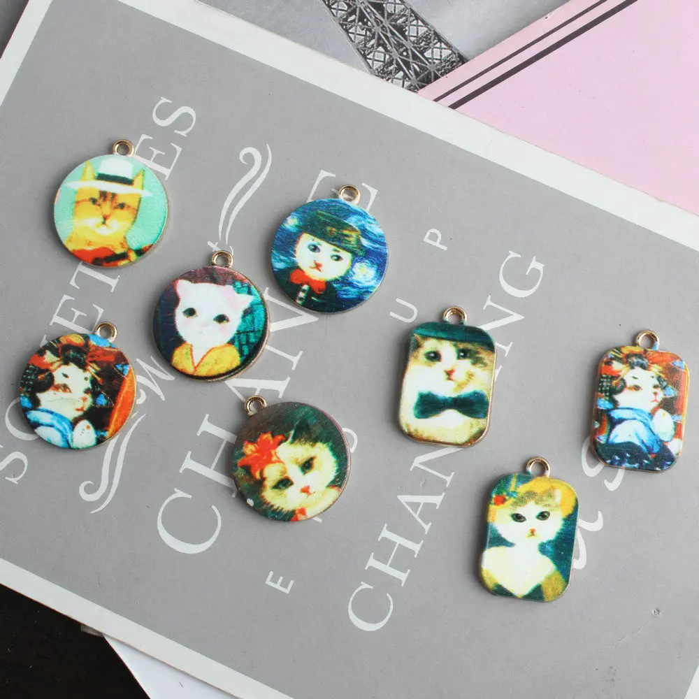 

10pcs Drip Printing Animal Pattern Series Cat Personality Jewelry Pendant Single-sided Alloy Listing Bracelet Hair Accessories