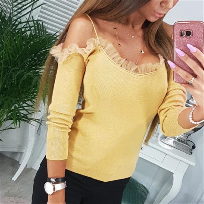 Women Blouses Women Long Sleeve Blouse Casual Loose Ruffles Lace Off Shoulder Blouse Shirt Tops Ladies Blouses And Tops