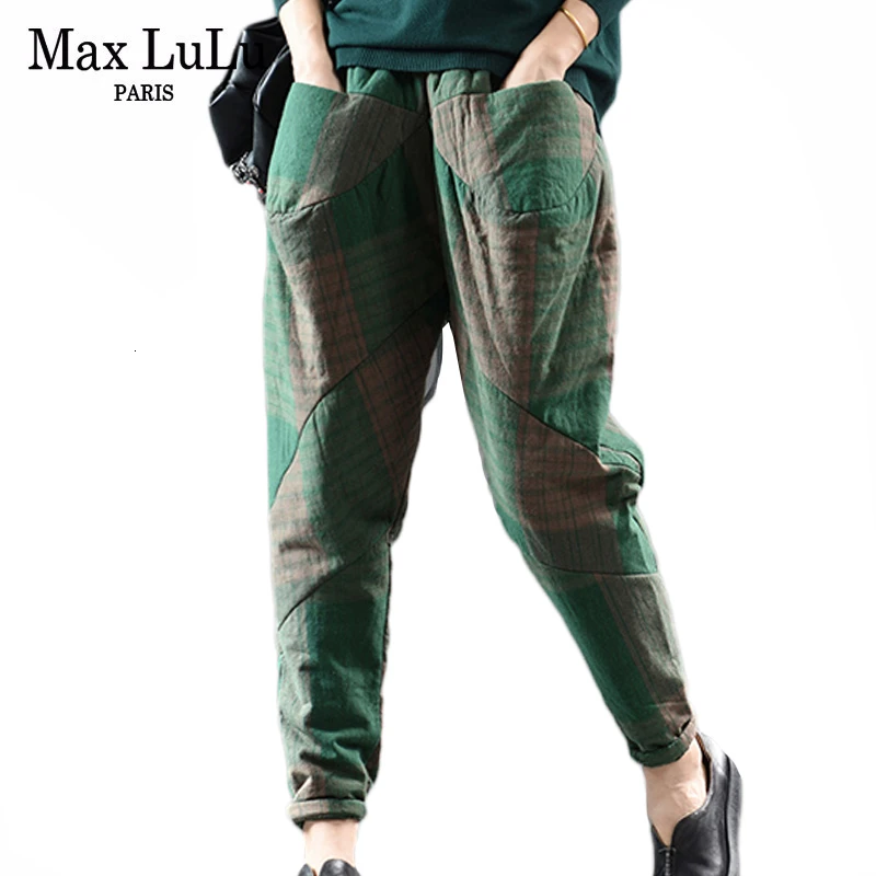 Max LuLu Зимняя мода Европейская Женская одежда с подкладкой женские льняные клетчатые шаровары повседневные свободные теплые брюки размера плюс