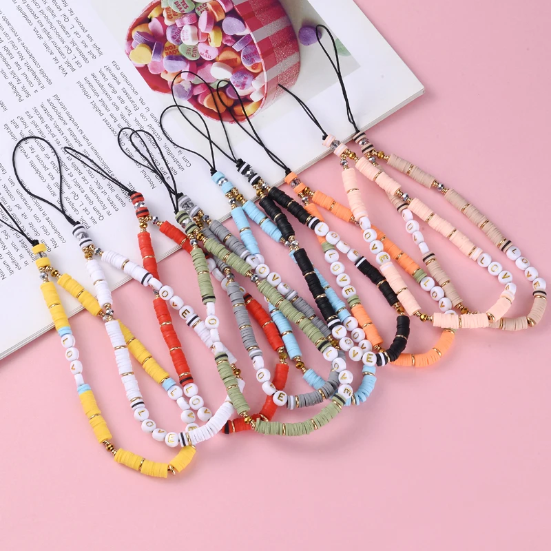 New Fashion Acrylic Letter Mobile Strap Lanyard Anti-Lost Telephone Jewelry Boho Black Polymer Clay Beads Mobile Phone Chain