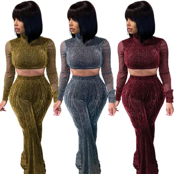 

Sexy Turtleneck Perspective Set Long Sleeve Crop Top Flared Trousers 2 Piece Set Summer Female Clothing Two Piece Outfit Women