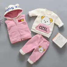 Коллекция года, детская одежда осенне-зимний вельветовый утепленный костюм из трех предметов с рисунком медведя для маленьких мальчиков и девочек 0-4 лет