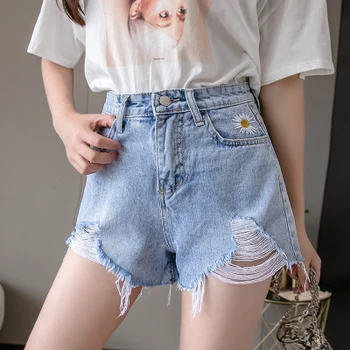 

Summer New Vintage Women Shorts Jeans Harajuku Kawaii Embroidery Small Daisy Denim Shorts High Waist Holes Short Shorts Mujer