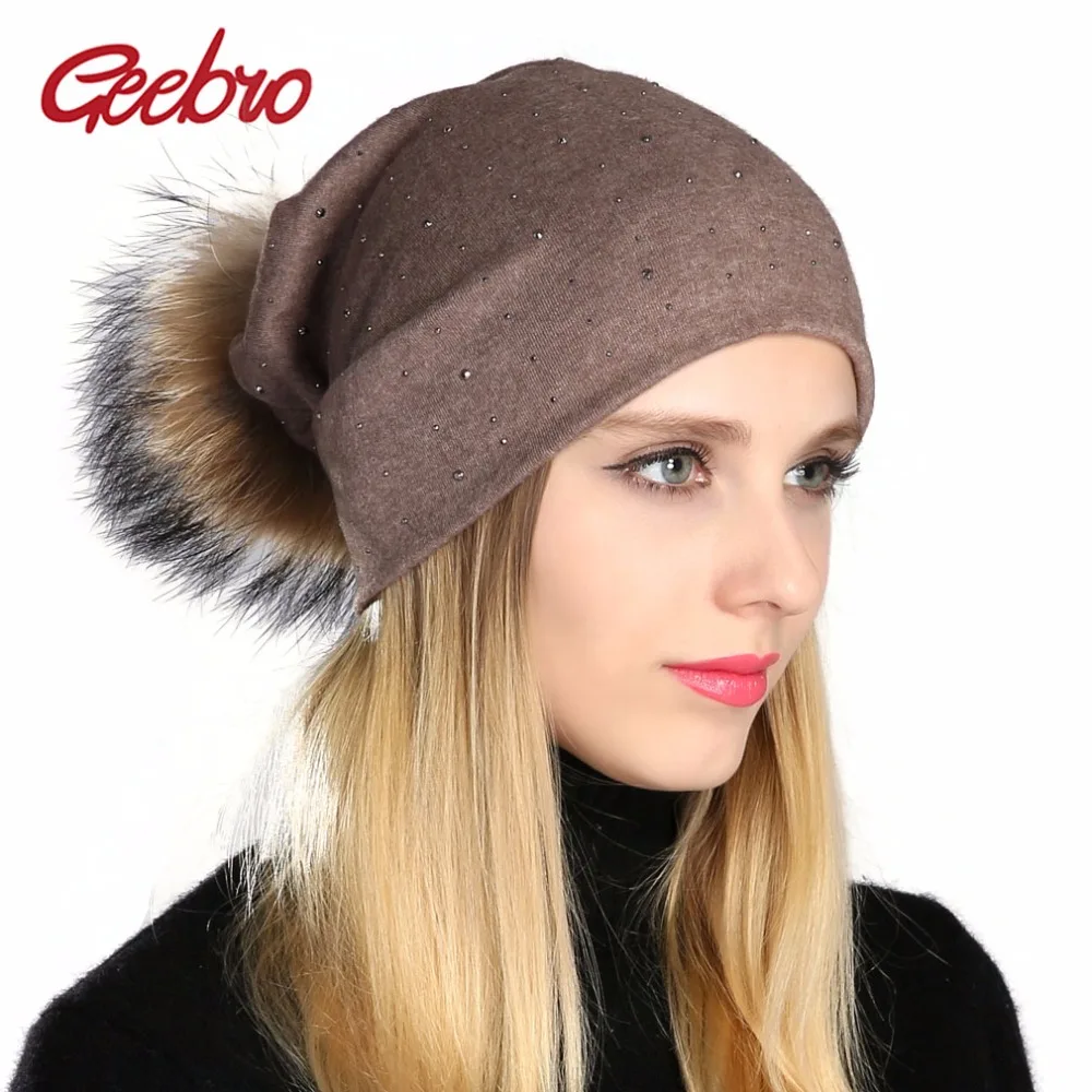 

Geebro Women Beanies With Real Pompom Casual Shine Rhinestones Hats Female Warm Soft Casual Solid Color Caps With Raccoon Bonnet