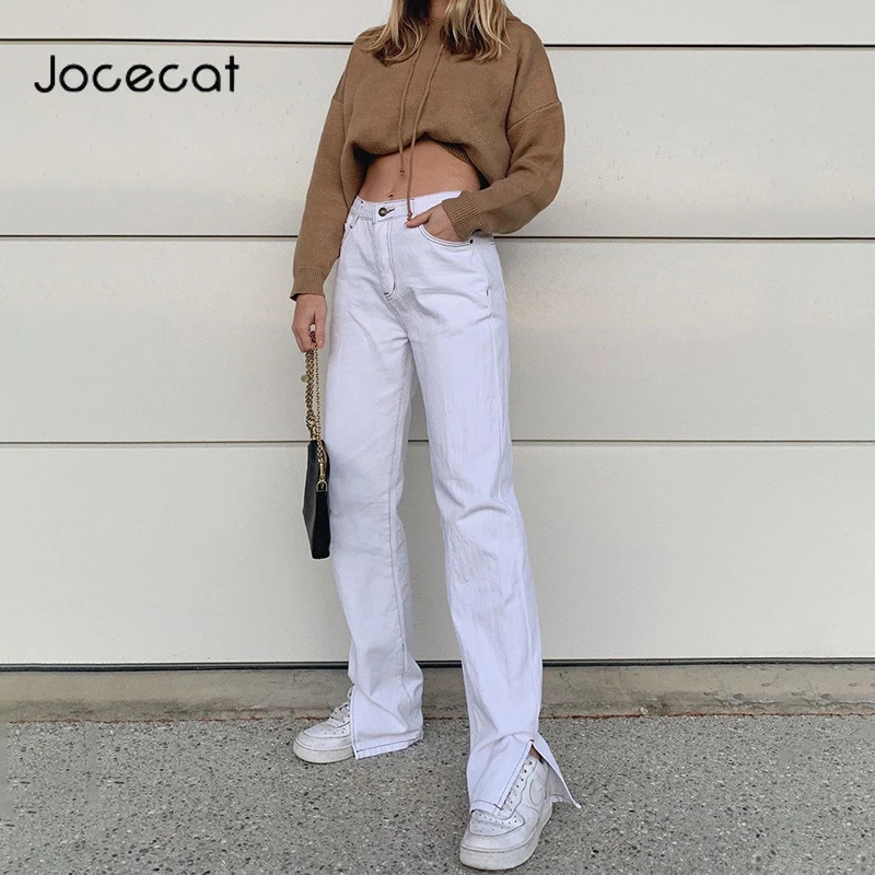 

Casual White Straight Cargo Pants For Women High Waist Basic Female Trousers Side Split Autumn England Streetwear