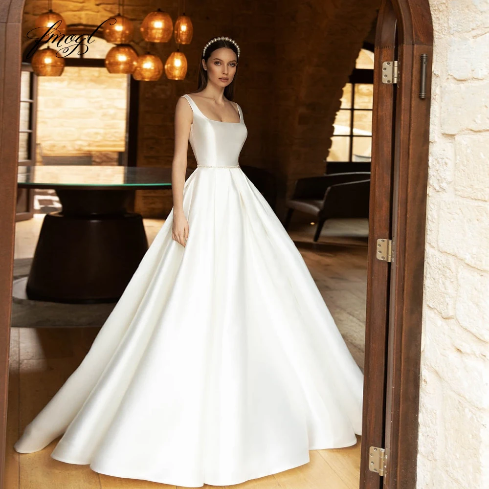 

Fmogl Sexy Illusion Backless A-Line Beach Wedding Dresses Boat Neck Sleeveless Vestido De Novia Matte Satin Bridal Gowns
