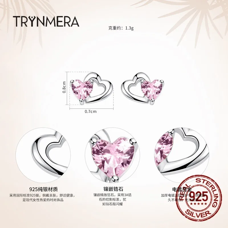 Женские сережки гвоздики Trynmera серьги из 925 пробы серебра с двойным сердцем и