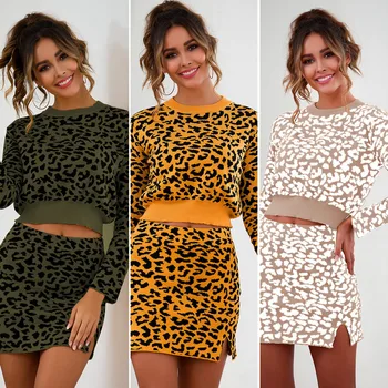 

Lugentolo Women New Autumn Winter Leopard Sexy Split Knitting Long Sleeve Roud Neck Top Short Skirt Fashion Casual 2 Piece Set