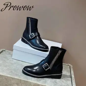 

New Balck GenuineLeather Metal Chain Trimmed Ankle Boots Round Toe Buckle Strap Runway Fashion Boots Shoes Women Branded