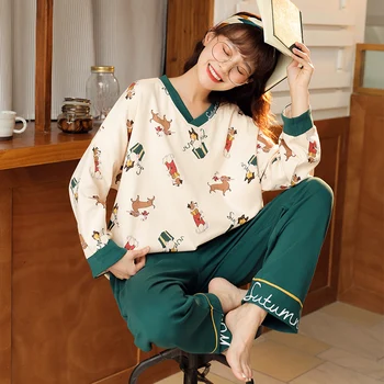 

V-Neck Sleepwear New Autumn Winter Pajamas Set For Women Cartoon Pattern Top Solid Long Pants Cotton Pijamas Pyjamas Nighty