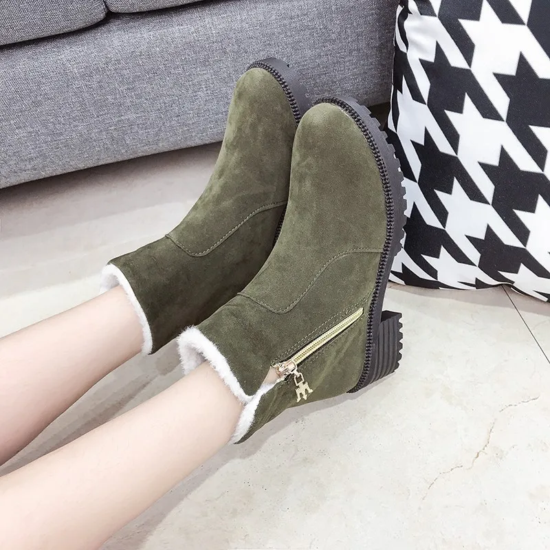 

Winter New Style Chunky Heel Side Zipper Suede Short Boots Children Waterproof Platform Warm Cotton Boots Semi-high Heeled Simpl