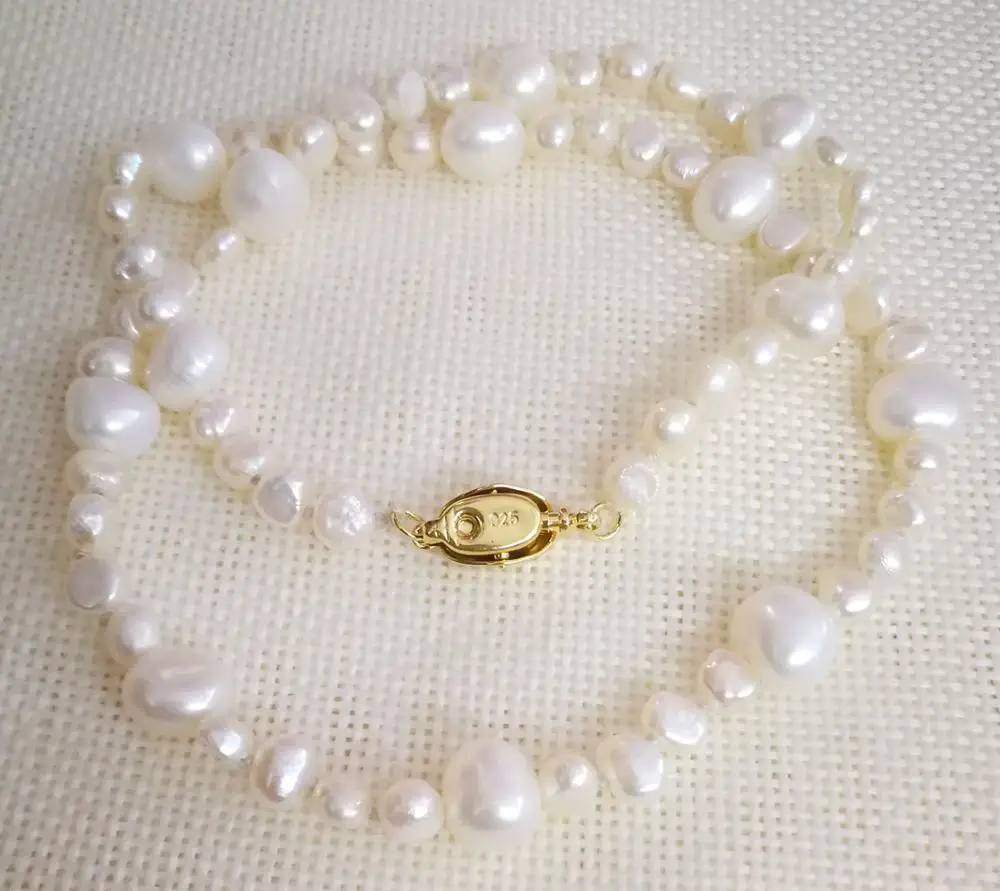 

10mm 5mm white pearl baroque flat pearl necklace 925 gold clasp real Natural freshwater pearl Women Jewelry 35cm 43cm 14-17''