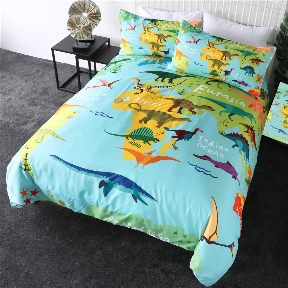Juego de cama con mapa de dinosaurios en 3d, funda nórdica y fundas de almohada de dibujos animados, decoración para dormitorio de adultos y niños, de cama|Juegos de ropa de cama| -