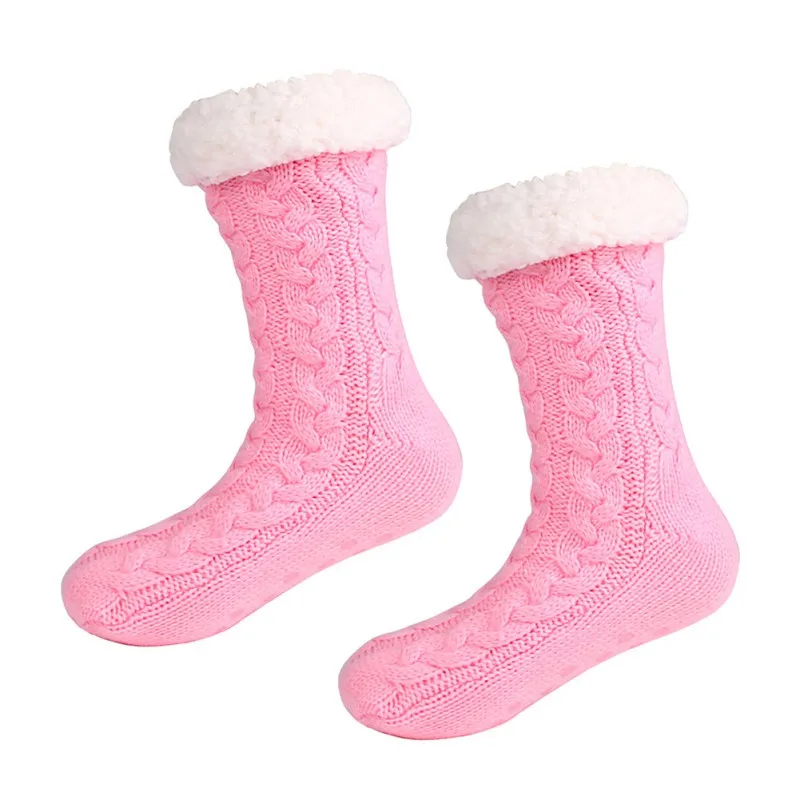 

1 Pair Women Winter Fleece Lining Knit Socks Non Slip Warm Fuzzy Cozy Slipper Socks